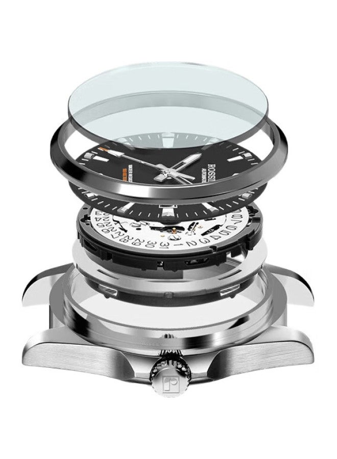 ROSSINI Men'S Mechanical Watch, Men'S Watch Birthday Gift, Luminous Waterproof Black Dial Tungsten Steel Strap 5240209 - Image 1