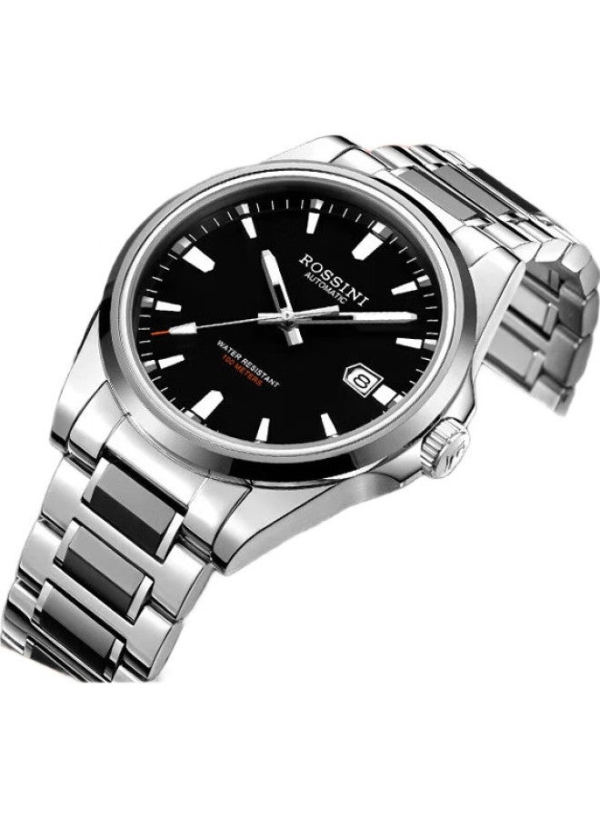 ROSSINI Men'S Mechanical Watch, Men'S Watch Birthday Gift, Luminous Waterproof Black Dial Tungsten Steel Strap 5240209 - Image 2