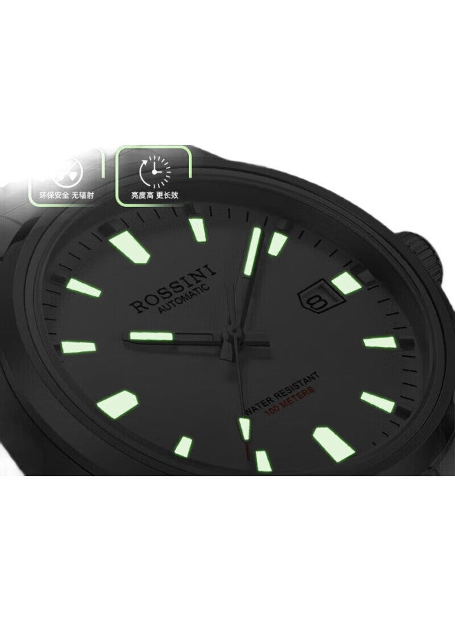 ROSSINI Men'S Mechanical Watch, Men'S Watch Birthday Gift, Luminous Waterproof Black Dial Tungsten Steel Strap 5240209 - Image 3