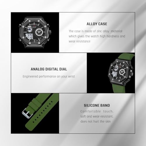 CARNAER Men’s Analog-Digital Chronograph Watch – Dual Display, Quartz Movement, Luminous Hands, Stopwatch, Zinc Alloy Case, Silicone Strap, Waterproof Sports Wristwatch for Boys (Green-Black) - Image 4