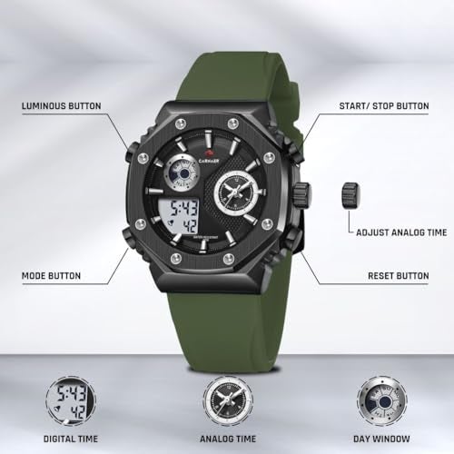 CARNAER Men’s Analog-Digital Chronograph Watch – Dual Display, Quartz Movement, Luminous Hands, Stopwatch, Zinc Alloy Case, Silicone Strap, Waterproof Sports Wristwatch for Boys (Green-Black) - Image 3