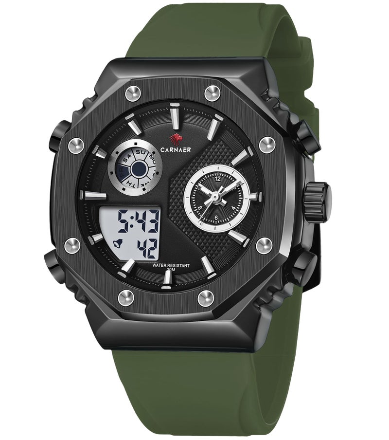 CARNAER Men’s Analog-Digital Chronograph Watch – Dual Display, Quartz Movement, Luminous Hands, Stopwatch, Zinc Alloy Case, Silicone Strap, Waterproof Sports Wristwatch for Boys (Green-Black) - Image 1