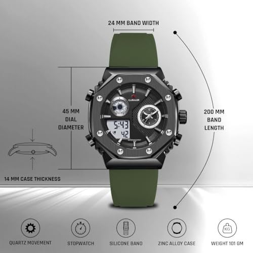 CARNAER Men’s Analog-Digital Chronograph Watch – Dual Display, Quartz Movement, Luminous Hands, Stopwatch, Zinc Alloy Case, Silicone Strap, Waterproof Sports Wristwatch for Boys (Green-Black) - Image 2