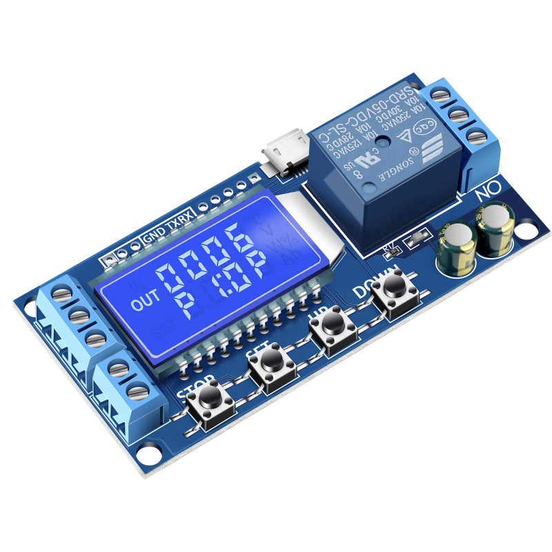 DROK Timer Relay  5V12V24V Time Delay Relay Switch DelayOff Cycle Timer 001s9999mins with LCD Display Support Micro USB 5V Power Supply
