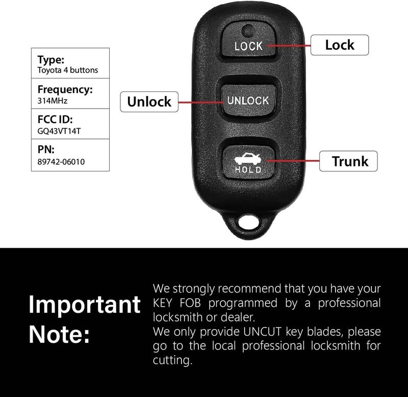 Keylessbest مفتاح سيارة عن بعد بدون مفتاح واقعي، نظام تحكم بدخول بدون مفتاح GQ43VT14T، تردد 314 ميغاهرتز، 4 أزرار، لاستبدال مفاتيح سيارات تويوتا كامري، سولارا، فايب، ماتريكس، سيينا، كورولا من طراز 1998 إلى 2008. - Image 2