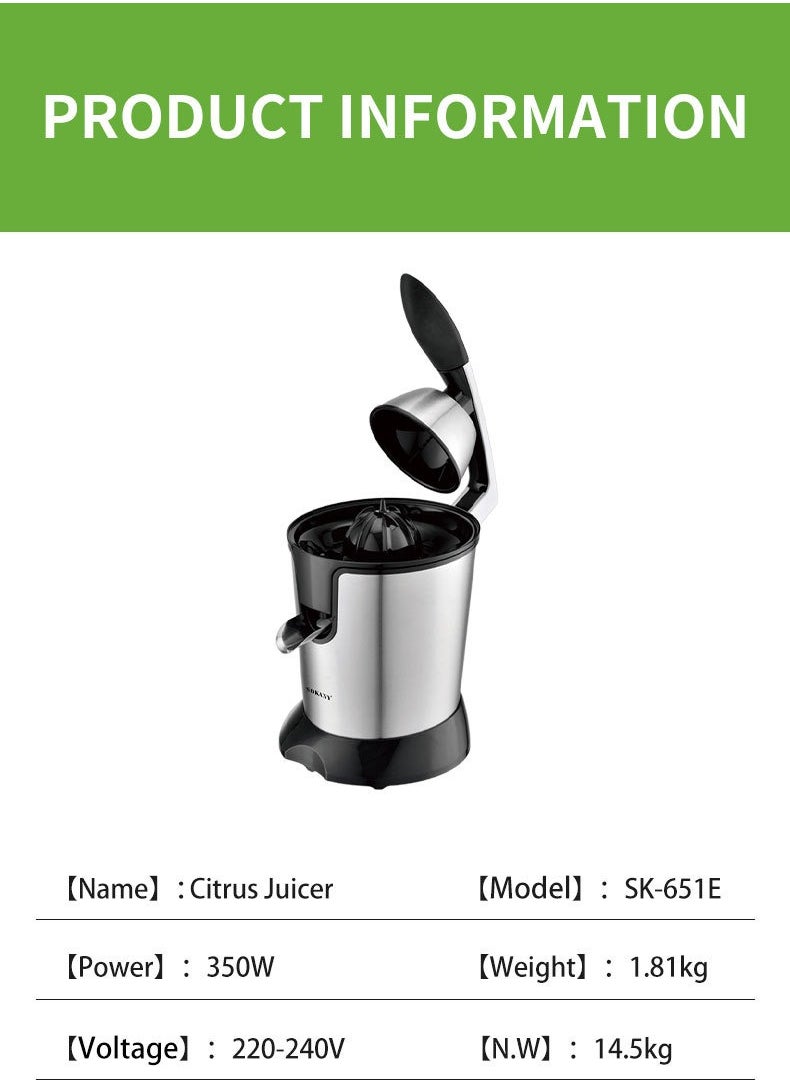 sokany - Electric Citrus Juicer 350W Stainless Steel Orange Juicer Freshly Pressed Fruit for Squeezes Oranges Lemons Lime Juices JE-651E Black - Image 1