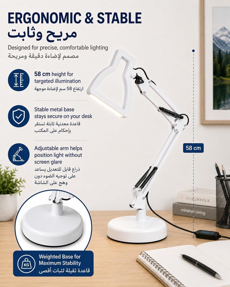 كويك مصباح مكتب LED قابل للتعديل مع ذراع مرن متأرجح، متعدد درجات حرارة اللون، معدني، أبيض، إضاءة للدراسة والعمل تحمي العين، يعمل بالتيار المتردد، للمنزل والعمل (أبيض) - Image 2