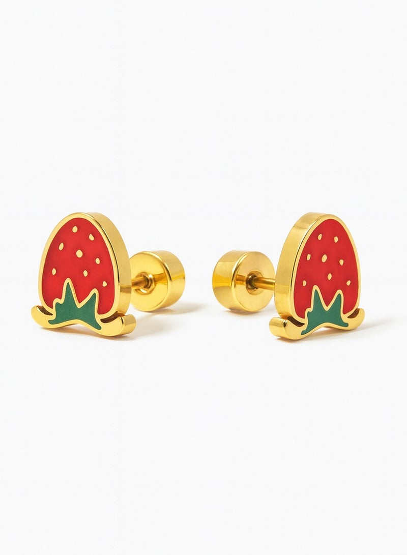Earss Strawberry Stud Earrings For Kids, Gold Plated - Image 1