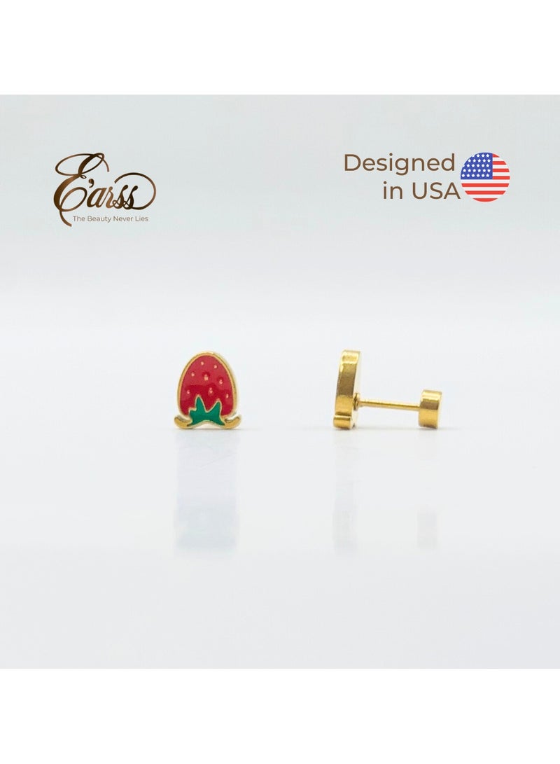 Earss Strawberry Stud Earrings For Kids, Gold Plated - Image 2