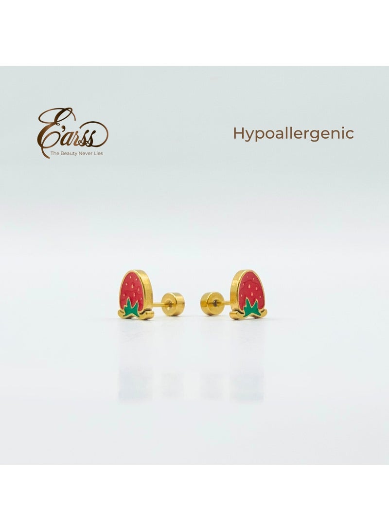 Earss Strawberry Stud Earrings For Kids, Gold Plated - Image 3
