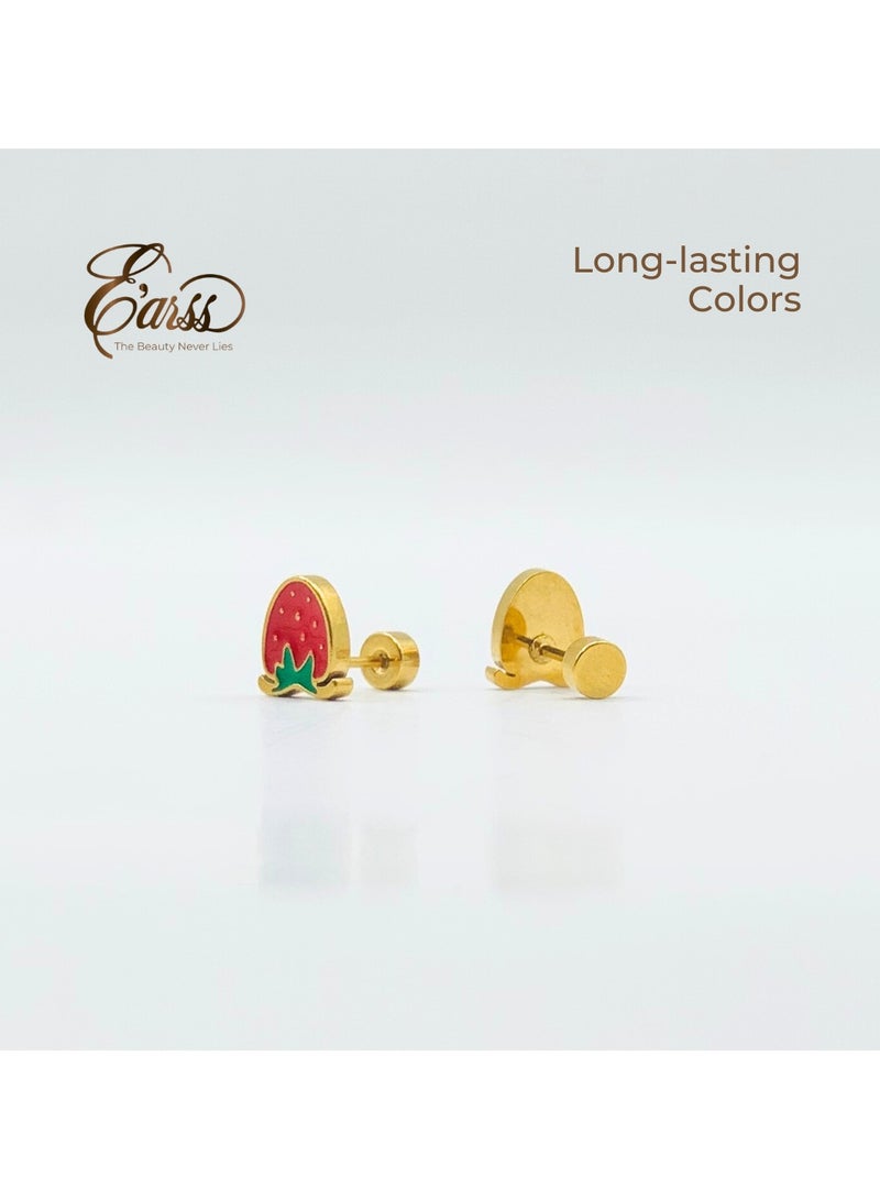 Earss Strawberry Stud Earrings For Kids, Gold Plated - Image 5
