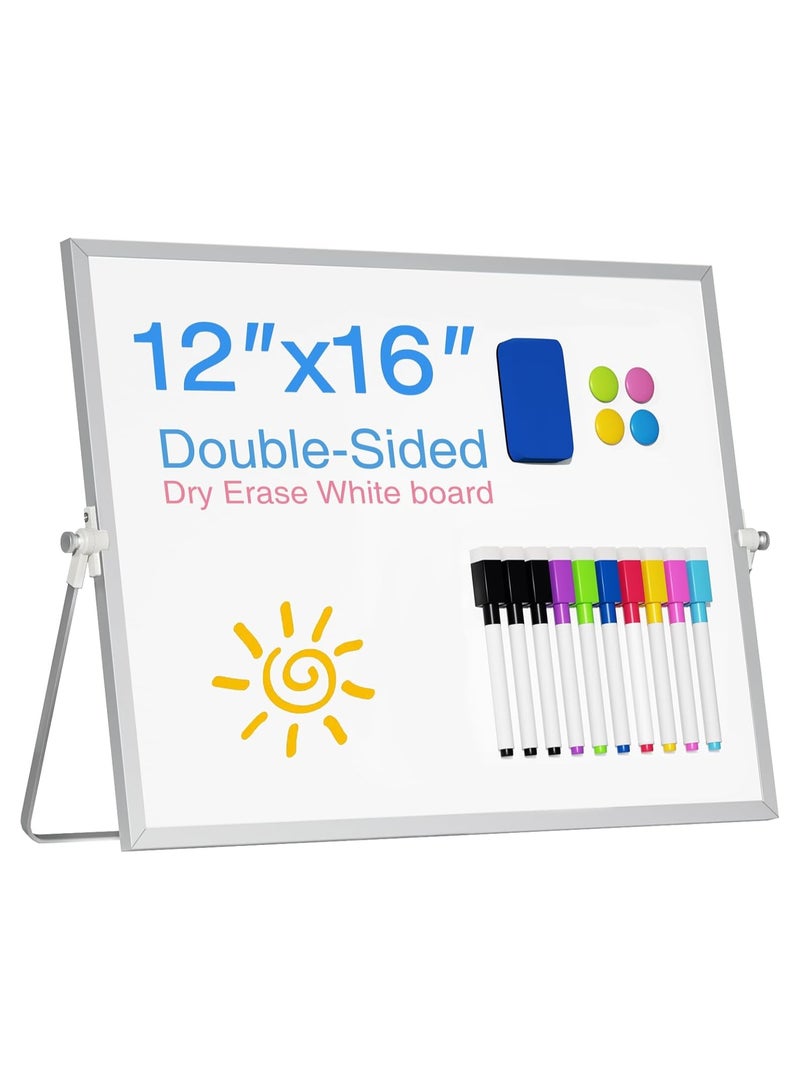 Generic Magnetic Desktop Whiteboard with Stand, 16'' x 12'' Double-Sided Dry Erase White Board, 10 Markers, 4 Magnets, 1 Eraser, Portable White Board Easel for Kids Drawing Desk School to Do List  - Image 1