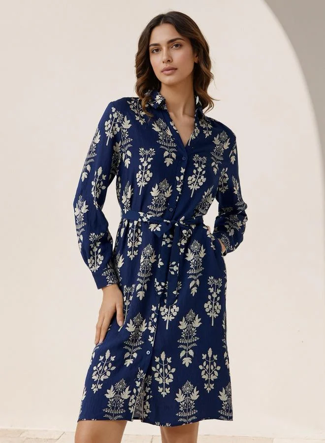 Splash FAV Knee Length Shirt Belted Dress with Floral Print