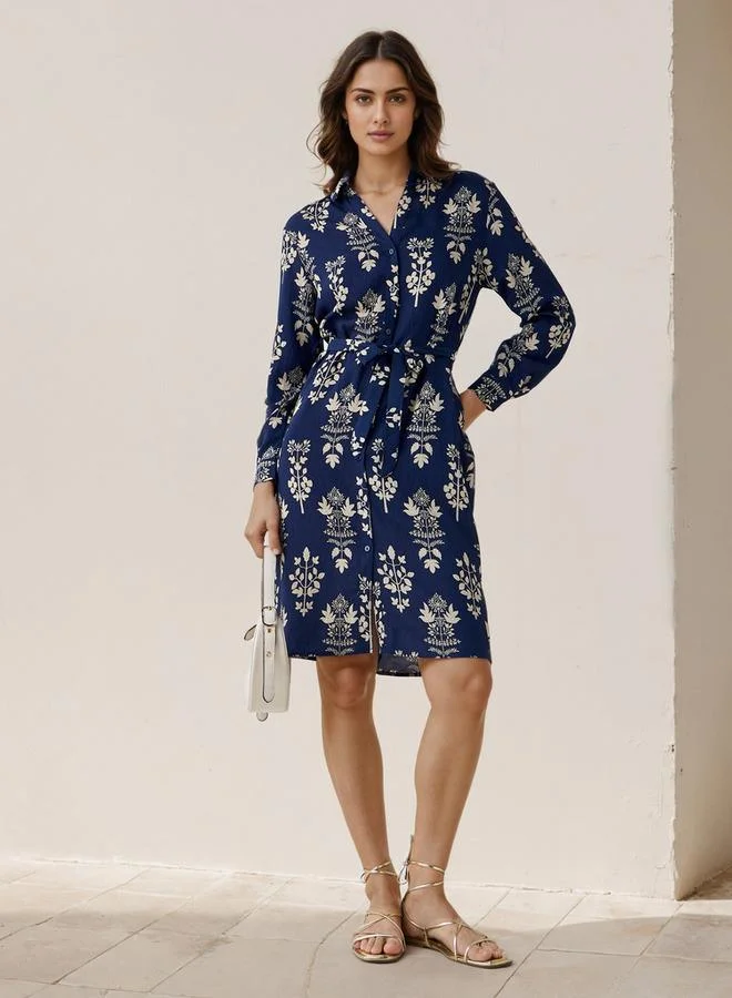 Splash FAV Knee Length Shirt Belted Dress with Floral Print