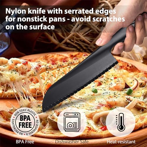 ChaLeeMoo 11" Nylon Knife for Nonstick Pans, Plastic Serrated Kitchen Cutter to Cut Cake Brownie Pie Lasagna or Various Veggies and Fruits, Non-Metal Salad or Lettuce Knife, Black - Image 2