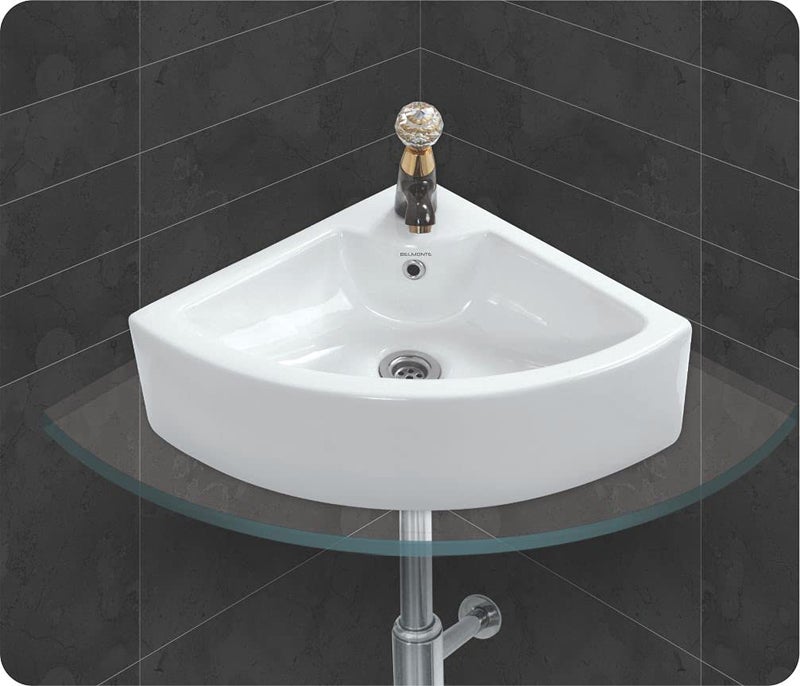 Belmonte Delta Wash Basin White Glossy Finish 16 Inch x 16 Inch Wall MountTable TopCounter TopCorner Wash Basin - Image 3