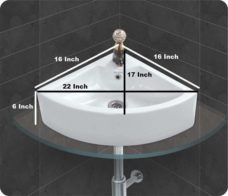 Belmonte Delta Wash Basin White Glossy Finish 16 Inch x 16 Inch Wall MountTable TopCounter TopCorner Wash Basin - Image 4