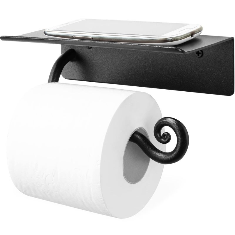 RTZEN Bathroom Toilet Paper Holder with Shelf  Handcrafted Rustic Wrought Iron Wall Decor Toilet Roll Holder  Black Matte Wall Mount Bar for Modern Farmhouse Bathroom Decor