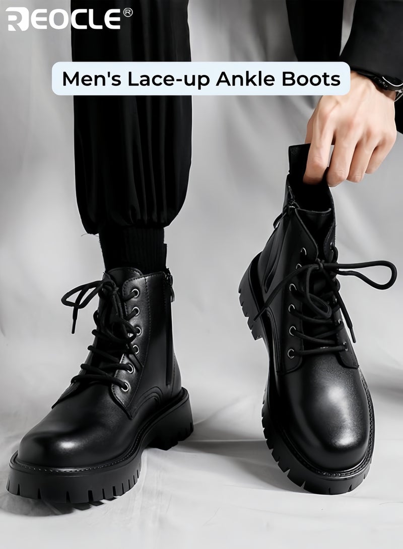 REOCLE Men's Combat Ankle Boots with Slip On Lace Up Design and Casual Outdoor Feature Motorcycle Style Bootie with Durable Construction for Daily Wear - Image 1