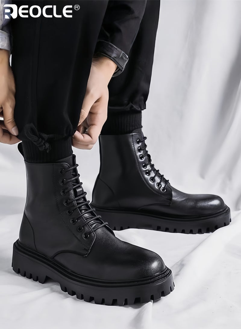 REOCLE Men's Combat Ankle Boots with Slip On Lace Up Design and Casual Outdoor Feature Motorcycle Style Bootie with Durable Construction for Daily Wear - Image 2
