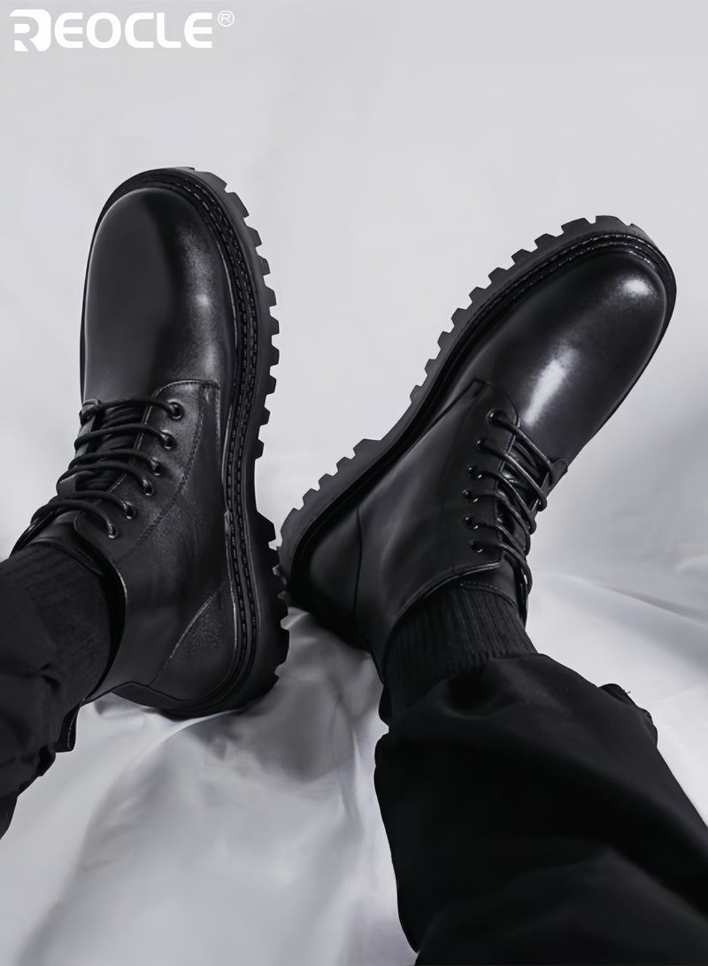 REOCLE Men's Combat Ankle Boots with Slip On Lace Up Design and Casual Outdoor Feature Motorcycle Style Bootie with Durable Construction for Daily Wear - Image 3