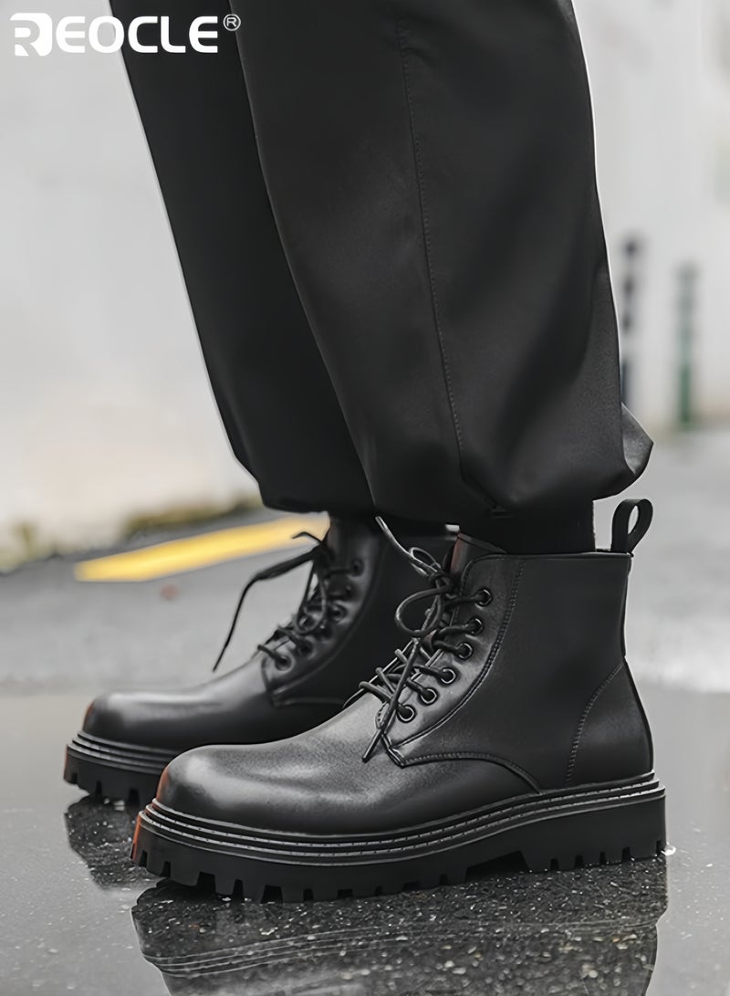 REOCLE Men's Combat Ankle Boots with Slip On Lace Up Design and Casual Outdoor Feature Motorcycle Style Bootie with Durable Construction for Daily Wear - Image 4