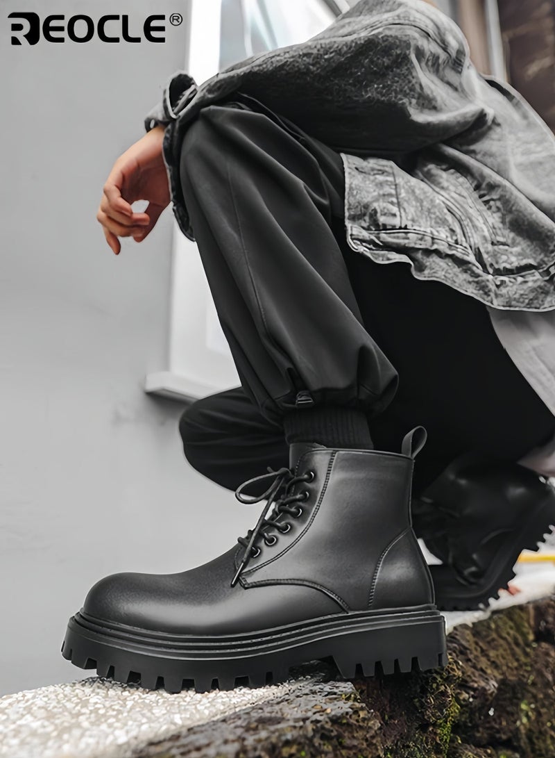 REOCLE Men's Combat Ankle Boots with Slip On Lace Up Design and Casual Outdoor Feature Motorcycle Style Bootie with Durable Construction for Daily Wear - Image 5