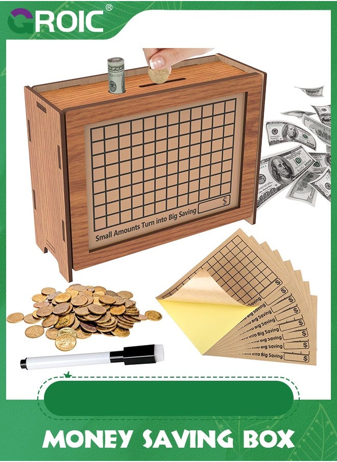 GROIC Money Saving Box with 8 DIY Counter, Reusable Wooden Cash Saving Box, Savings Challenge Box, Save Box Money, Cash Vault Wooden Savings Box,Wooden Coin Bank(Brown)  - Image 1