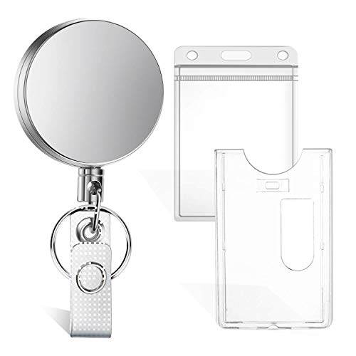 Selizo Retractable Badge Holder with Keychain Ring Clip Metal Badge Reel with Plastic ID Holder and Heavy Duty Name Card Holder for ID Card Key Card Carabiner Work Badge - Image 1