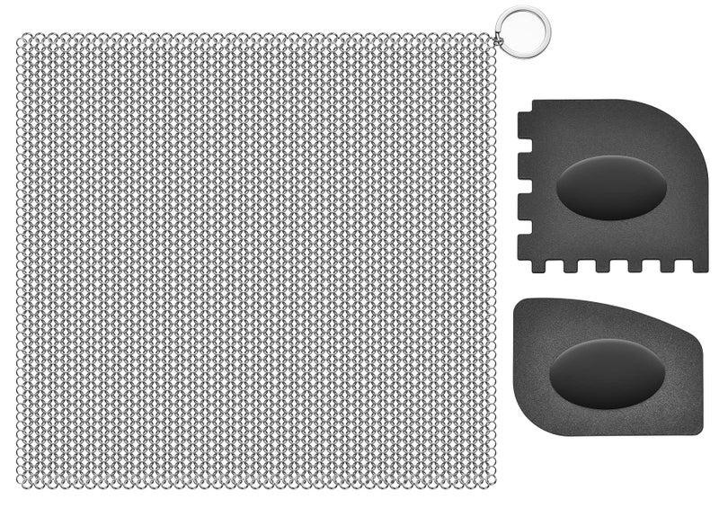 SUBEKYU AntiScratch Cast Iron Scrubber with Pan and Grill Scrapers 316 Stainless Steel Chain Mail Scrubber Cast Iron Cleaner Metal Cleaning Kit Tools Include Chainmail Scrubber 6x6