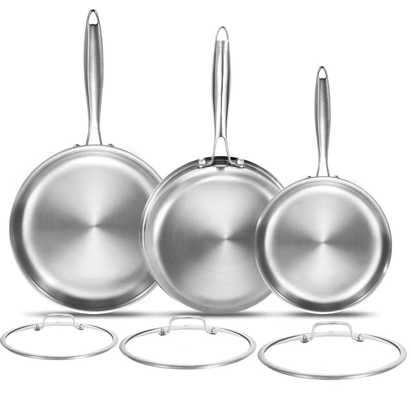 DELARLO Triply Stainless Steel Frying Pan Set with Lid 8 10 12 Induction large Skillets Chefs PanPots and Pans Set Kitchen Cookware Set Suitable for All Stove