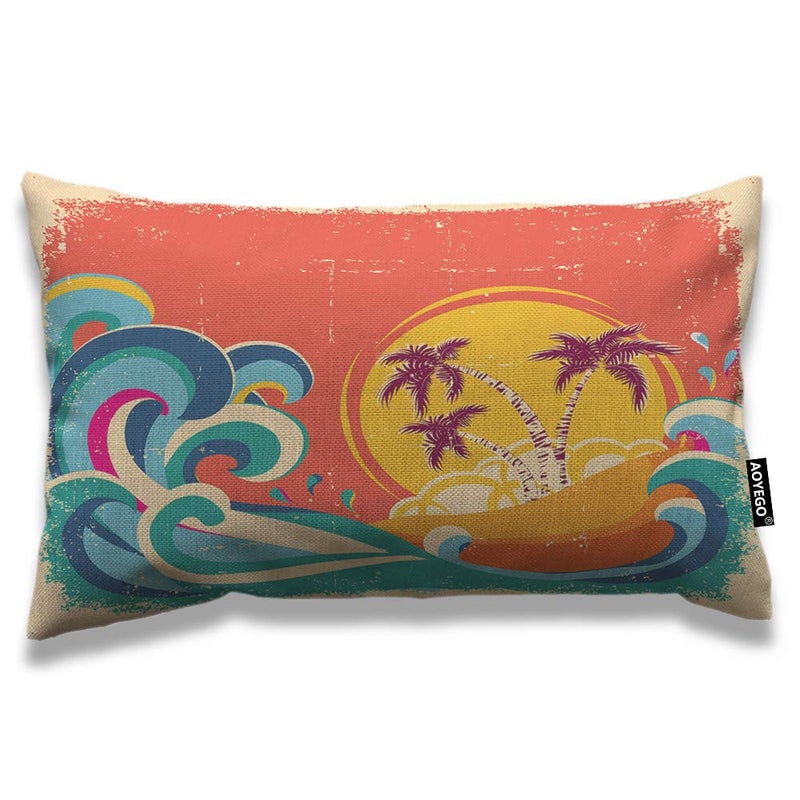 Aoyego Hawaii Beach Throw Cover Cover 12 × 20 بوصة عتيقة شجرة النخيل شمس استوائية الجزيرة العملاقة ووسائد المستطيلات الوسيلة الزخرفية الزخرفية تغطية وسادة الكتان القطن لأريكة السرير