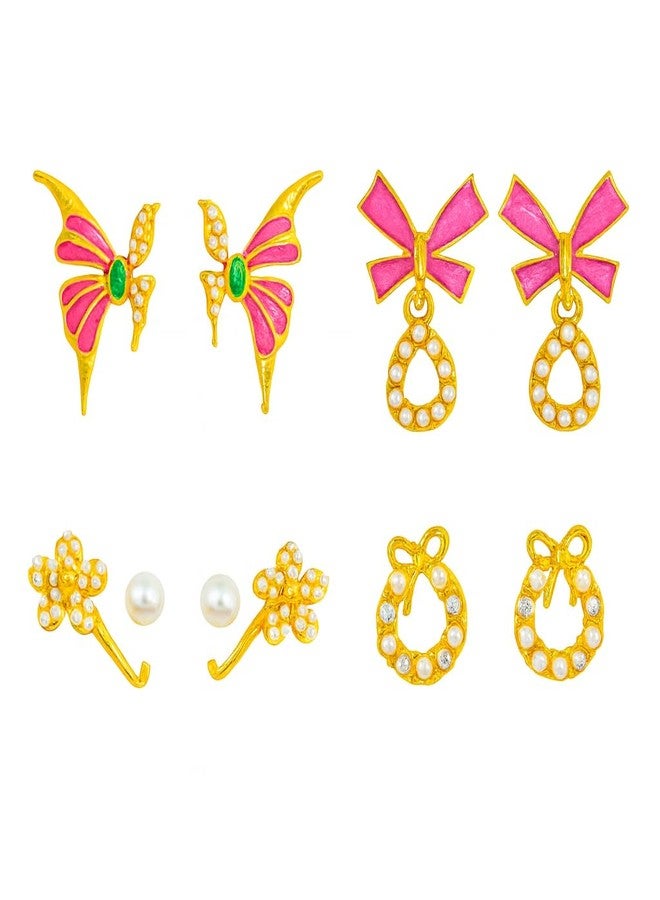 KWORLD Korean Earrings Set For Women Golden Earring Combo of 4 Korean Earrings for Girls Stylish Fancy Pearl | Butterfly | Floral | Bow | Meenakari | Diamond Earrings | Luxury Jewellery | Drops Danglers Jhumka Earrings Combo of 4 Pair - Image 1