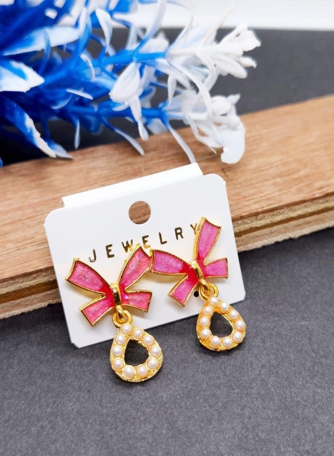 KWORLD Korean Earrings Set For Women Golden Earring Combo of 4 Korean Earrings for Girls Stylish Fancy Pearl | Butterfly | Floral | Bow | Meenakari | Diamond Earrings | Luxury Jewellery | Drops Danglers Jhumka Earrings Combo of 4 Pair - Image 4