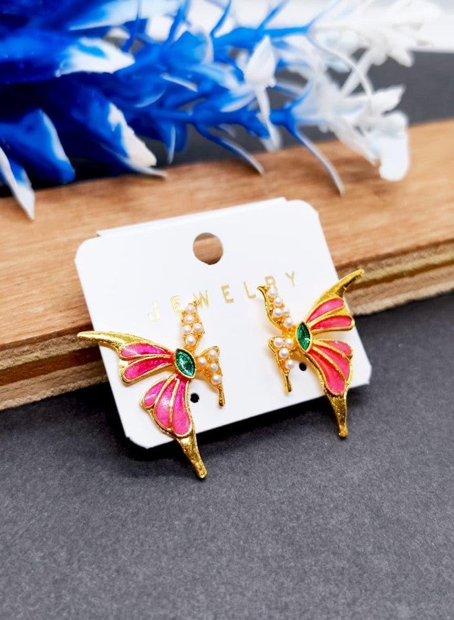 KWORLD Korean Earrings Set For Women Golden Earring Combo of 4 Korean Earrings for Girls Stylish Fancy Pearl | Butterfly | Floral | Bow | Meenakari | Diamond Earrings | Luxury Jewellery | Drops Danglers Jhumka Earrings Combo of 4 Pair - Image 3