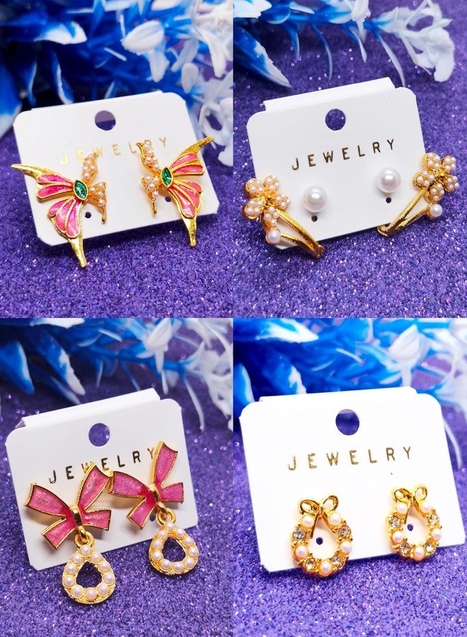 KWORLD Korean Earrings Set For Women Golden Earring Combo of 4 Korean Earrings for Girls Stylish Fancy Pearl | Butterfly | Floral | Bow | Meenakari | Diamond Earrings | Luxury Jewellery | Drops Danglers Jhumka Earrings Combo of 4 Pair - Image 2