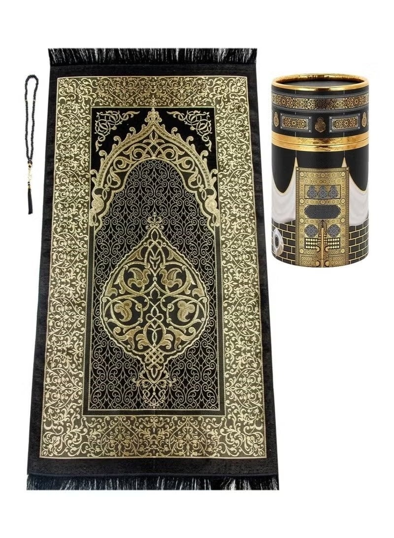 Dreamzon Luxury Black Muslim Prayer Rug & Tasbeeh Set with Soft Taffeta Janamaz and Elegant Gift Box - Image 2