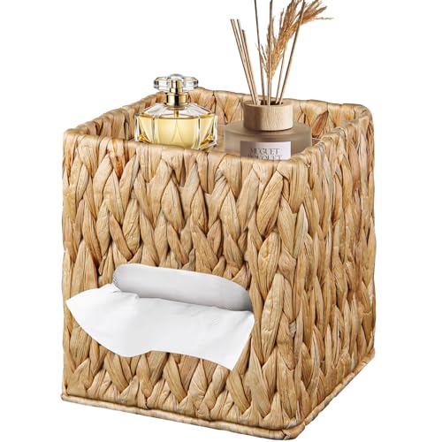BIBELUN Woven Tissue Box Cover Square with Storage Tray, Water Hyacinth Tissues Cube Box Holder, Farmhouse Wicker Facial Tissue Dispenser Organizer for Bathroom, Countertop, Vanity, Nightstand, Decor - Image 1