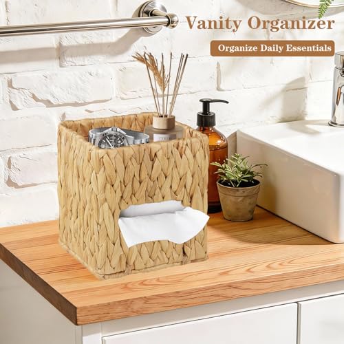 BIBELUN Woven Tissue Box Cover Square with Storage Tray, Water Hyacinth Tissues Cube Box Holder, Farmhouse Wicker Facial Tissue Dispenser Organizer for Bathroom, Countertop, Vanity, Nightstand, Decor - Image 2