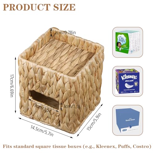 BIBELUN Woven Tissue Box Cover Square with Storage Tray, Water Hyacinth Tissues Cube Box Holder, Farmhouse Wicker Facial Tissue Dispenser Organizer for Bathroom, Countertop, Vanity, Nightstand, Decor - Image 4