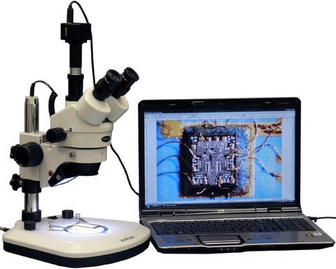 AmScope SM1TZPL5M Digital Professional Trinocular Stereo Zoom Microscope WH10x Eyepieces 35X90X Magnification 07X45X Zoom Objective Upper and Lower LED Lighting Large PillarStyle Table Stand Includes 05X and 20X Barlow Lenses and 5MP Camera with Reduction Lens and Software