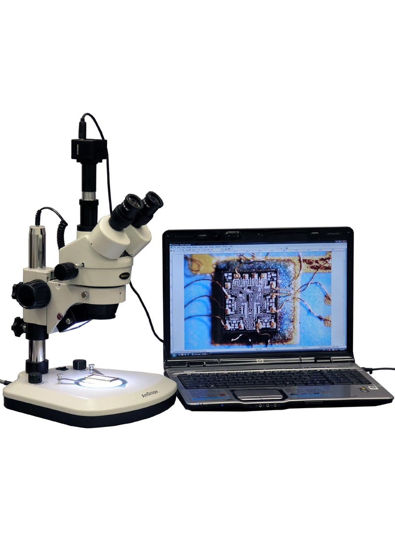 AmScope AmScope SM1TZPL5M Digital Professional Trinocular Stereo Zoom Microscope WH10x Eyepieces 35X90X Magnification 07X45X Zoom Objective Upper and Lower LED Lighting Large PillarStyle Table Stand Includes 05X and 20X Barlow Lenses and 5MP Camera with Reduction Lens and Software  - Image 1