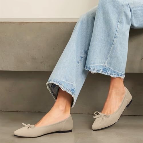 TINGRISE Womens Flats Pointed Toe Bow Knit Ballet Shoes Comfortable Dressy Mesh Slip On Flat Begie US75 Beige - Image 3