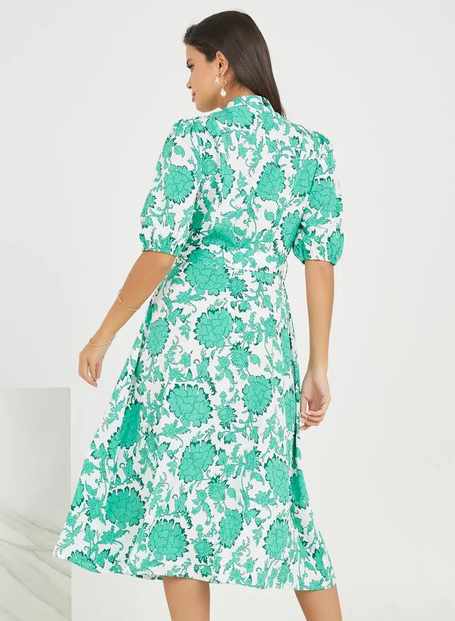 ستايلي Floral Print High Neck A-Line Midi Dress