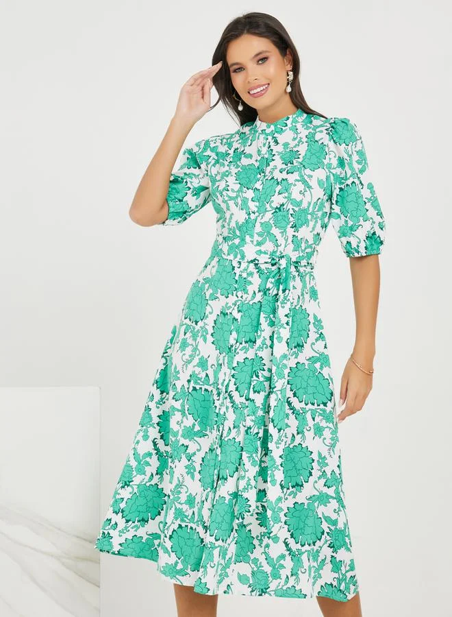 ستايلي Floral Print High Neck A-Line Midi Dress