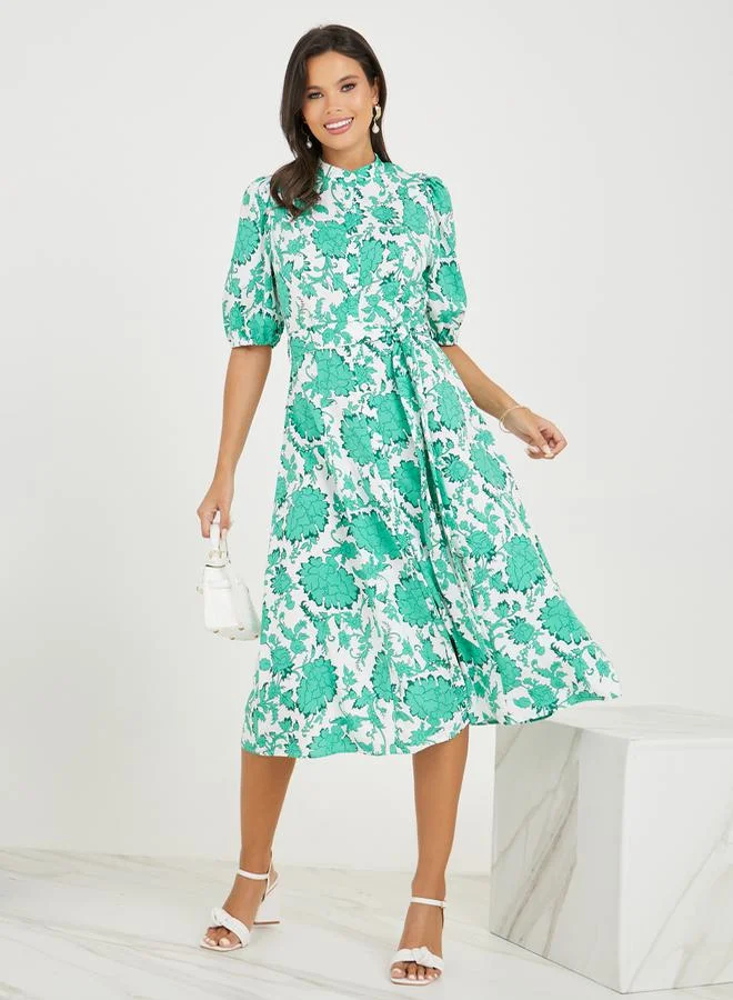 ستايلي Floral Print High Neck A-Line Midi Dress