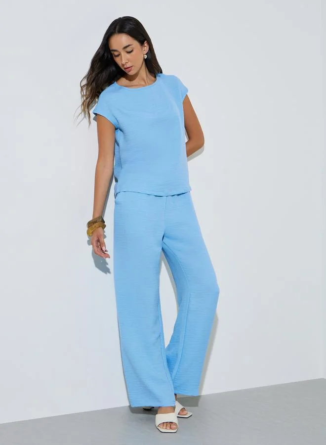 ستايلي Blue Solid Woven Cap Sleeve Top and Wide Leg Pants Set