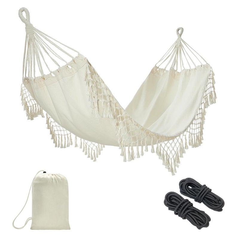 JoyView Boho Macrame Single Hammock with Hanging Ropes & Elegant Tassels 78.8x39.4 Portable Cotton Hammock for Patio Backyard Porch 300LBS Weight Capacity Perfect for Outdoor/Indoor - Beige Color - Image 1