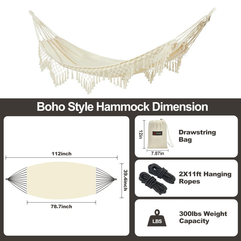JoyView Boho Macrame Single Hammock with Hanging Ropes & Elegant Tassels 78.8x39.4 Portable Cotton Hammock for Patio Backyard Porch 300LBS Weight Capacity Perfect for Outdoor/Indoor - Beige Color - Image 3