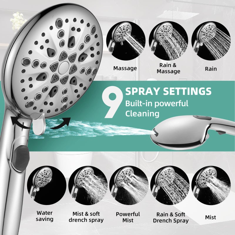 Cobbe High Pressure 9 Functions Shower Head with handheld - Luxury Modern Chrome Look, Built-in Power Spray to Clean Corner, Tub and Pets, Stainless Steel Hose Adjustable Bracket, Chrome - Image 2
